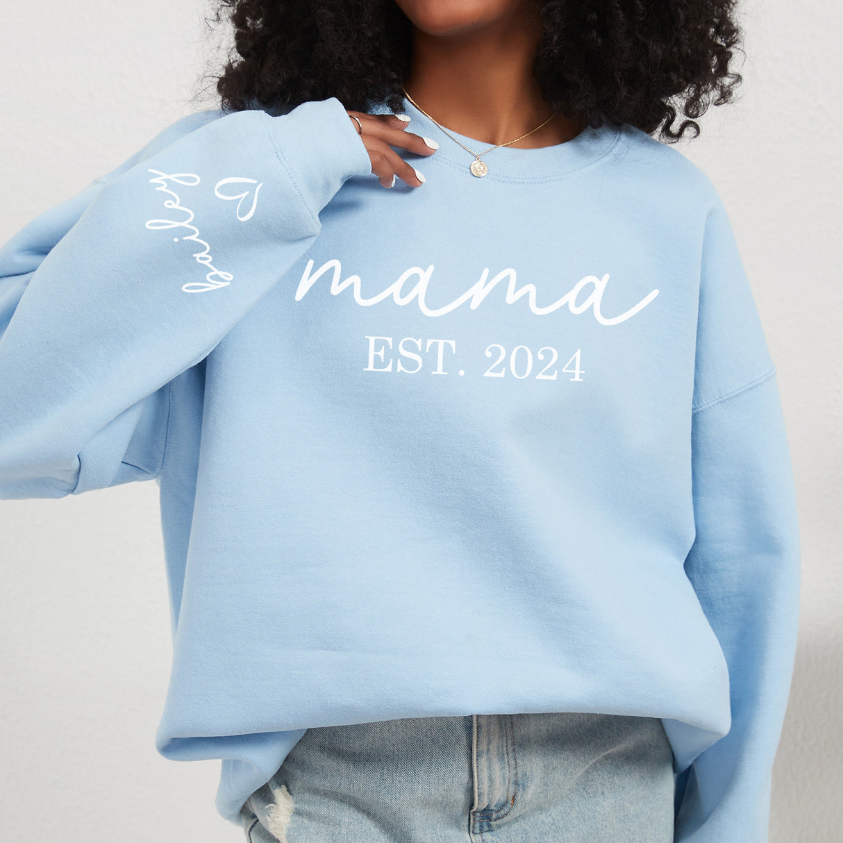 Blue mama sweatshirt, customized to fit every mother. Unique personalized sweatshirt for mom.