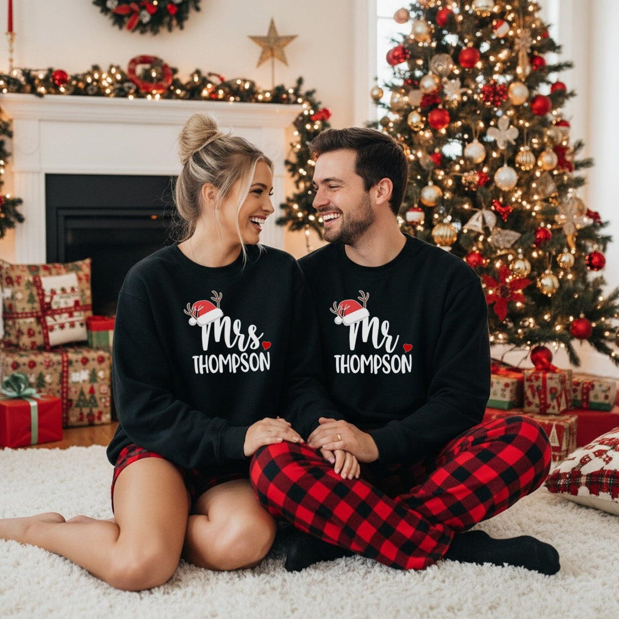 Matching Mr and Mrs Christmas Pajama Set with Buffalo Print Pants - Couples PJs Santa Hat - Gifts Are Blue