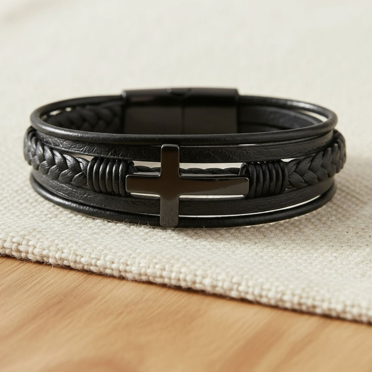 Multilayer Mens Bracelet , Genuine Leather with Cross, Christian Bracelet - Gifts Are Blue