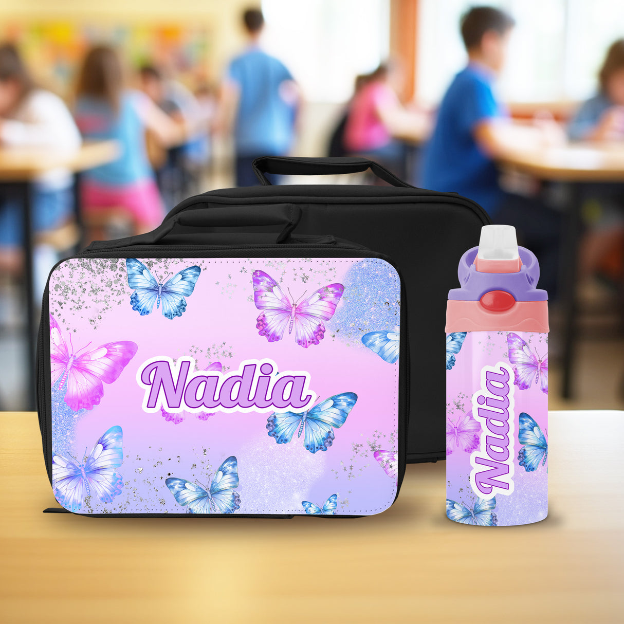 Custom insulated lunch box with name and matching water bottle for kids, perfect personalized back to school gift.