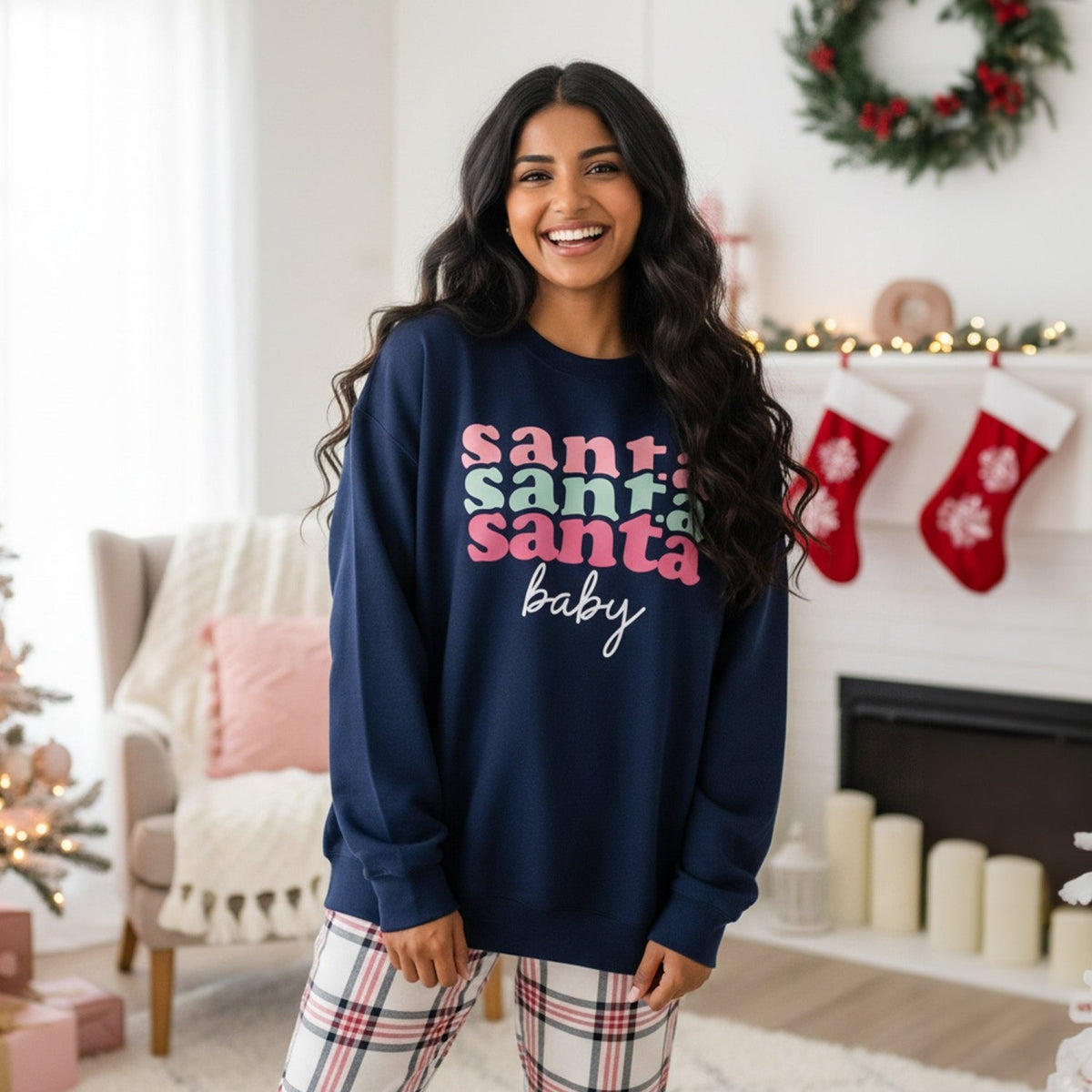Pink Santa Baby Christmas Sweatshirt for Women and Teen Girls - Gifts Are Blue
