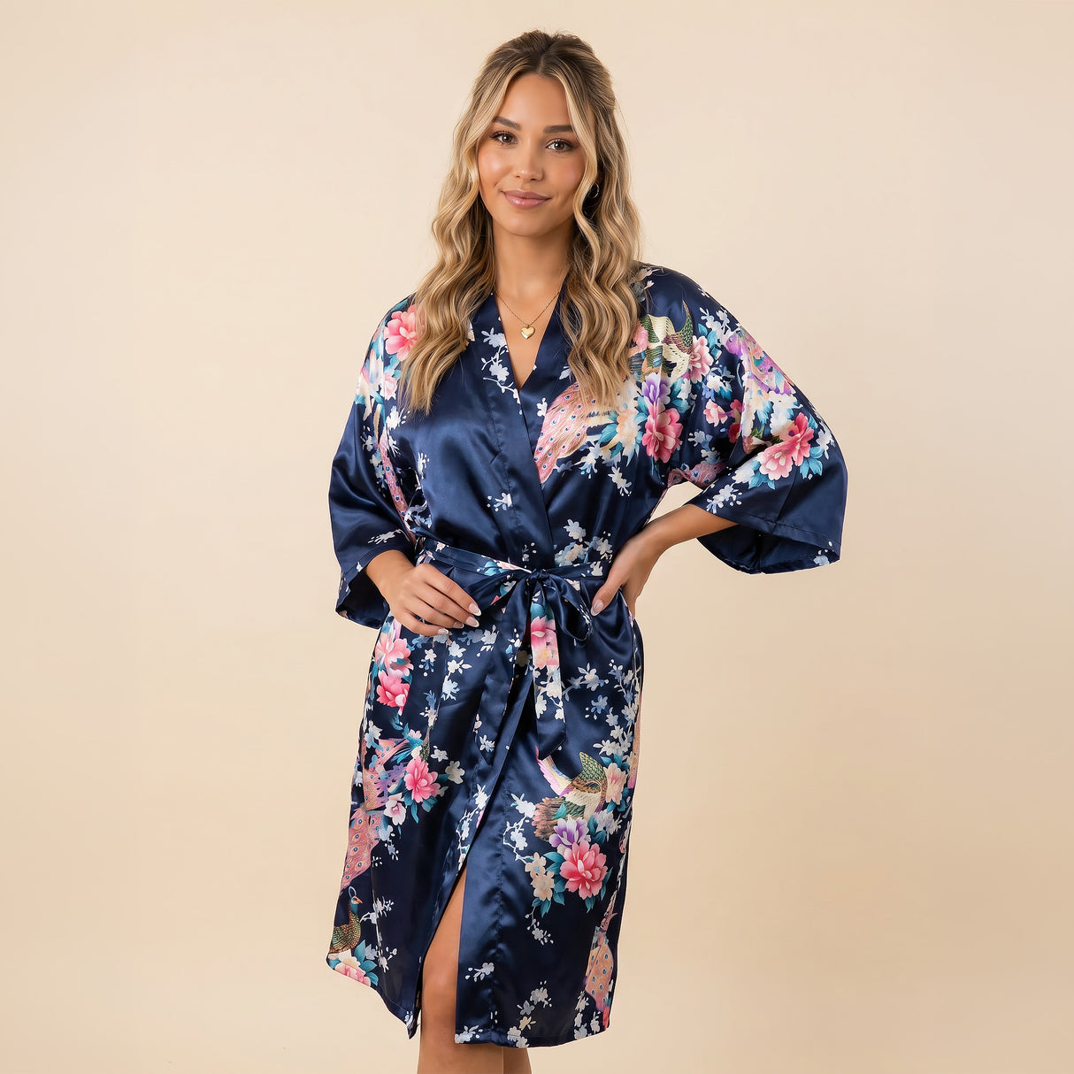 Navy Blue Silk Kimono Womens Robe