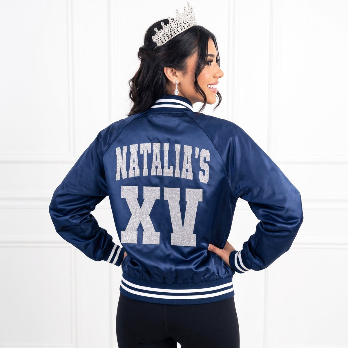 Glitter Quince XV Custom Varsity Baseball Jackets - Gifts Are Blue