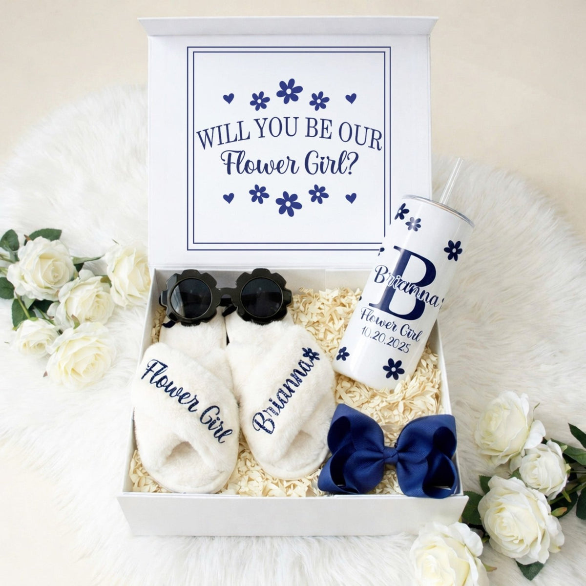 Sweet Pea Flower Girl Proposal Box with Fluffy Slippers & Tumbler - Gifts Are Blue