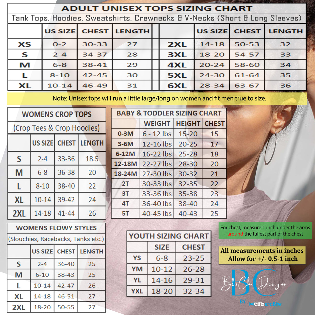 BluChi shirts sizing chart for unisex crewnecks, sweatshirts, hoodies, v-necks, cropt tops, slouchies and more. all SKUs