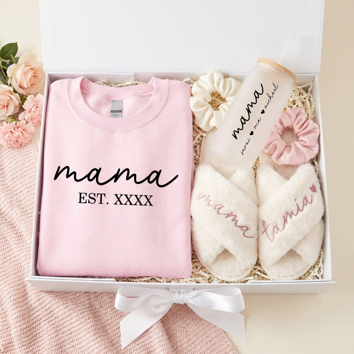 Personalized Gifts for Mom, Push Gift for New Mom with Mama Sweatshirt and Slippers - Gifts Are Blue