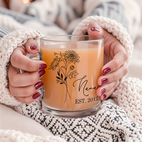 Custom birth flower design on personalized glass mug gift for women. Woman holding personalized custom coffee mug for her Mother’s Day orbirthday gift.