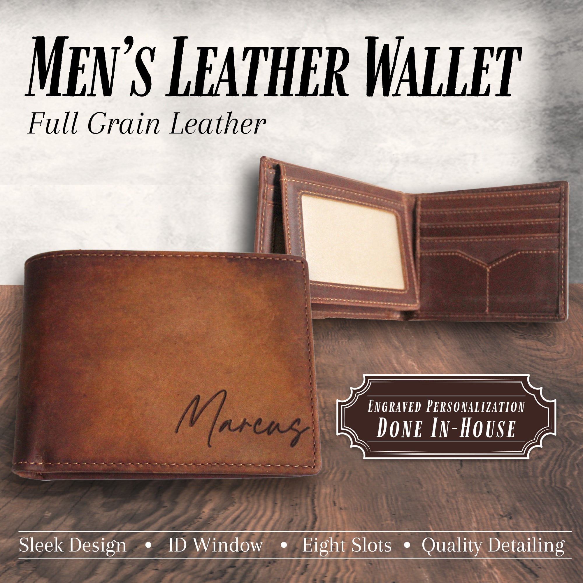Personalized men’s wallet, perfect birthday or Father’s Day gift. Leather wallet for dad with custom engraving, sentimental gift from son or daughter.