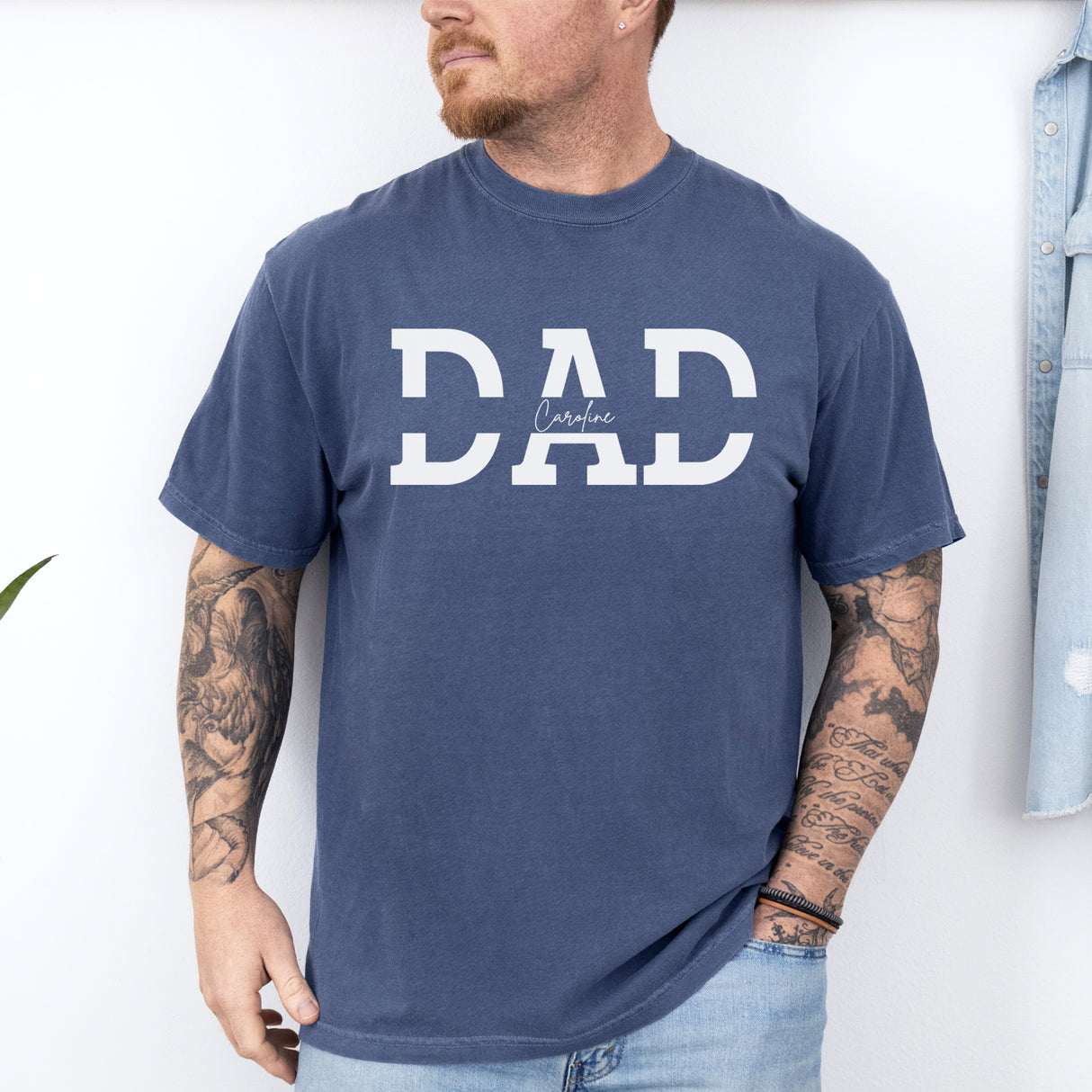 Blue Simple personalized dad shirt with kids names. Perfect for a thoughtful Father’s Day gift or family occasion.