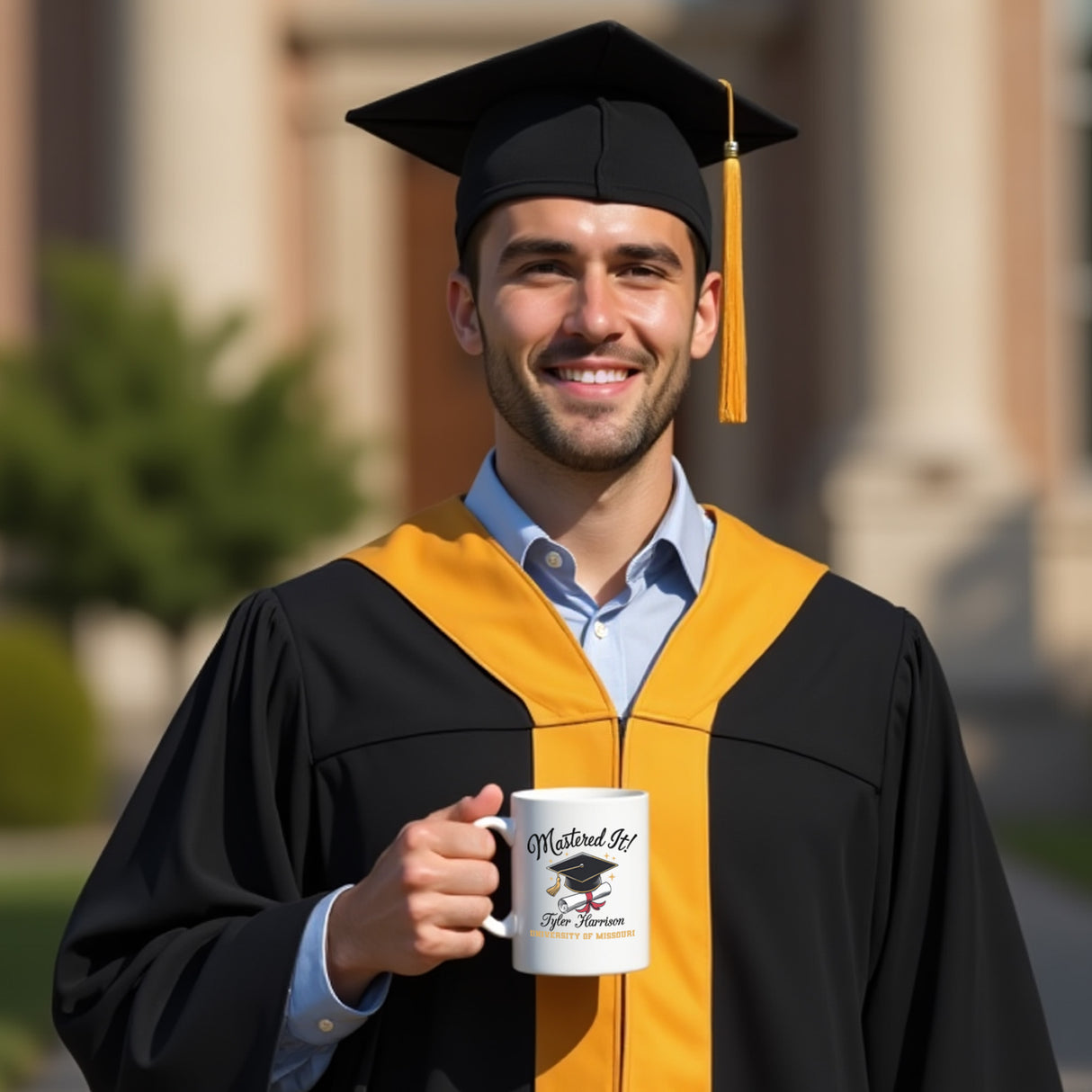 Male graduate holding personalized Masters mug with graduation cap design and custom university name, Class of 2025.