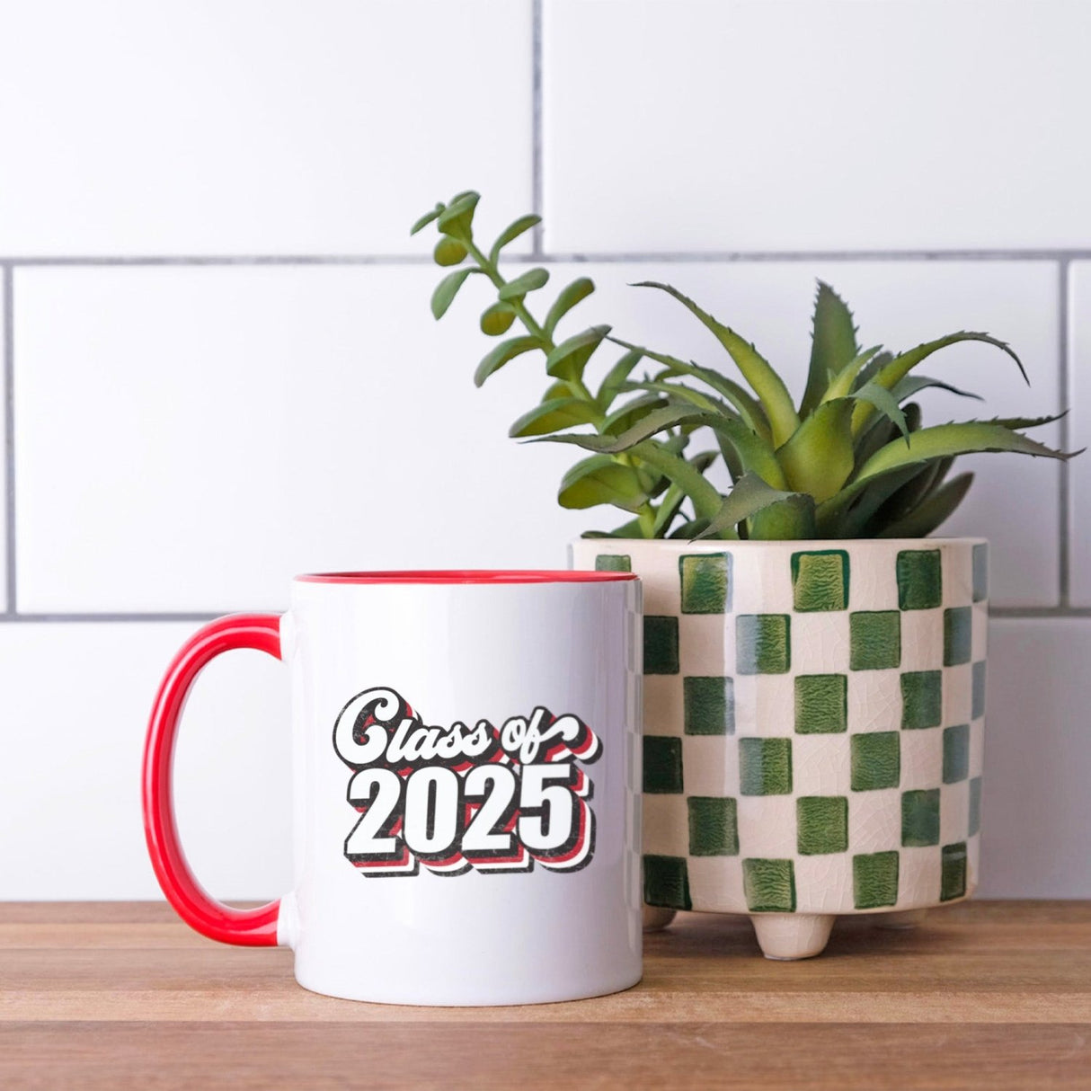Red and black Class of 2025 senior mug with retro font design, perfect graduation gift for high school or college graduate.