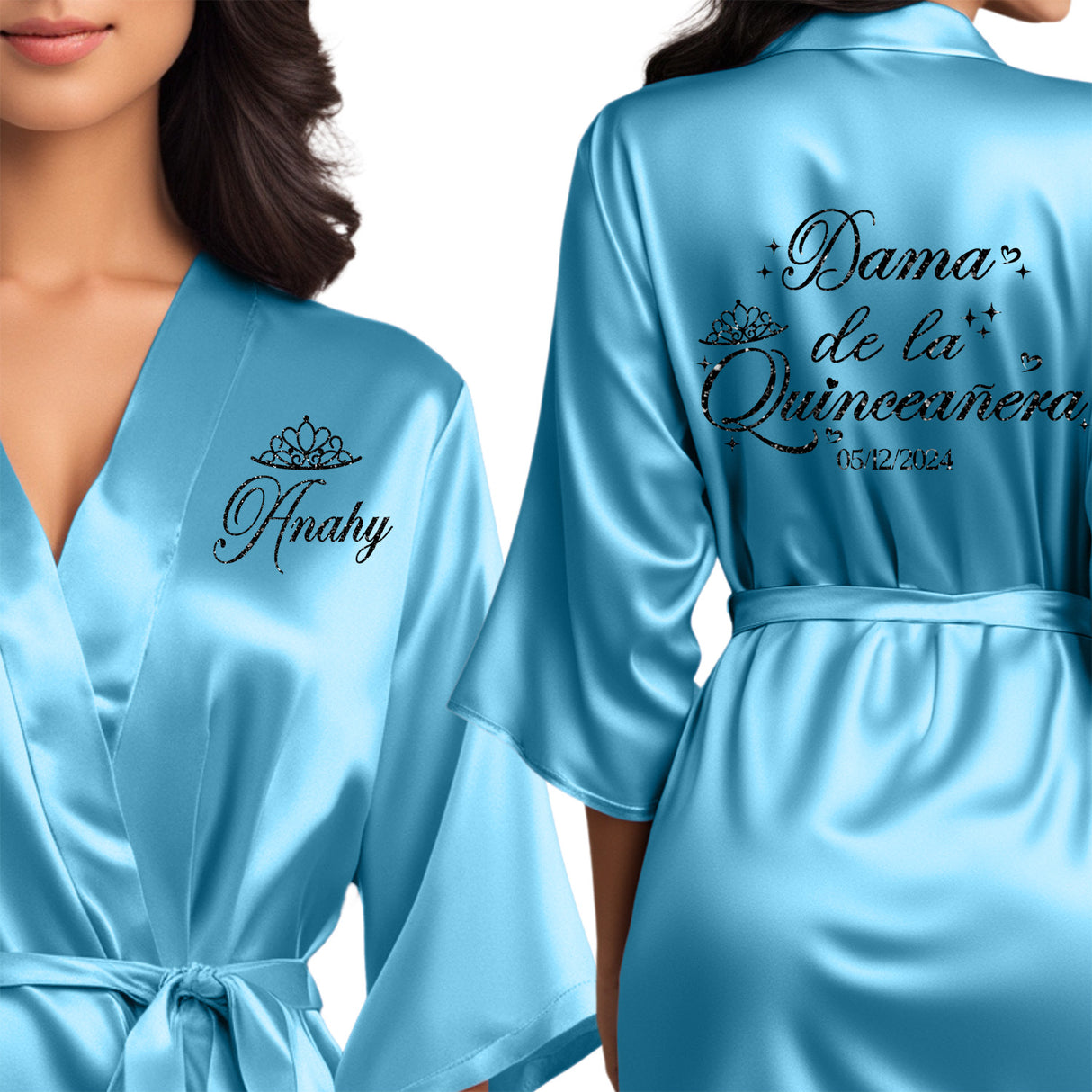 Dama de la quinceanera satin robes that can be personalized for your quinceanera squad.