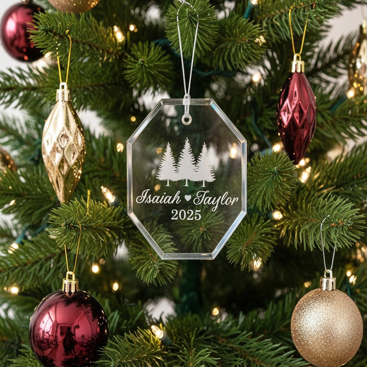 Couple Names w Trees Personalized Crystal Ornament for Christmas with Gift Box, Variety of Shapes - Gifts Are Blue