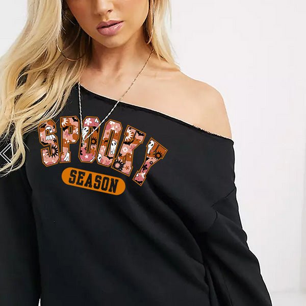 Spooky Season Off The Shoulder Halloween Sweatshirt for teens and women of all ages. These Halloween shirts are available in sizes S to 5XL so everyone can get a great fit. all SKUs