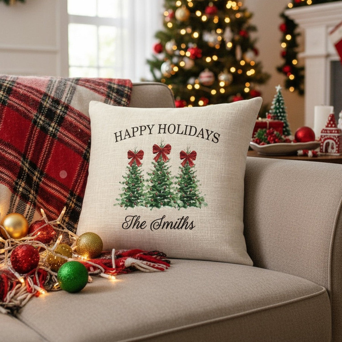 Red Bow & Trees Family Name Christmas Throw Pillow Cover and Add on Insert - Gifts Are Blue