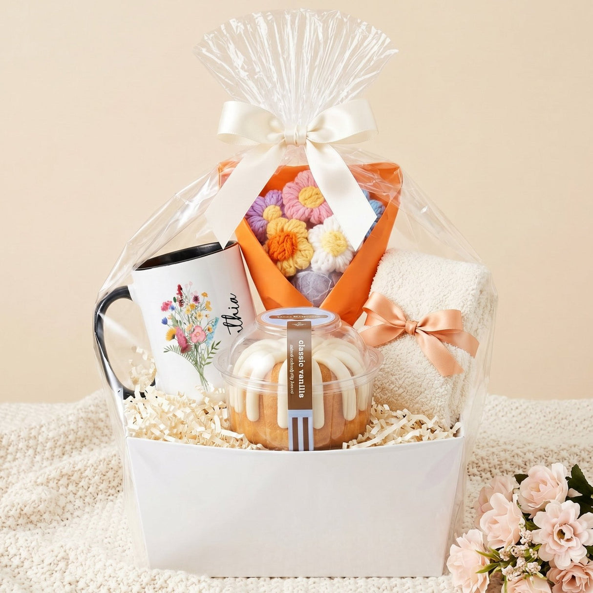 Sweet Cake & Bloom Basket Gift for Her with Bundt Cake, Mug and Fuzzy Socks - Gifts Are Blue