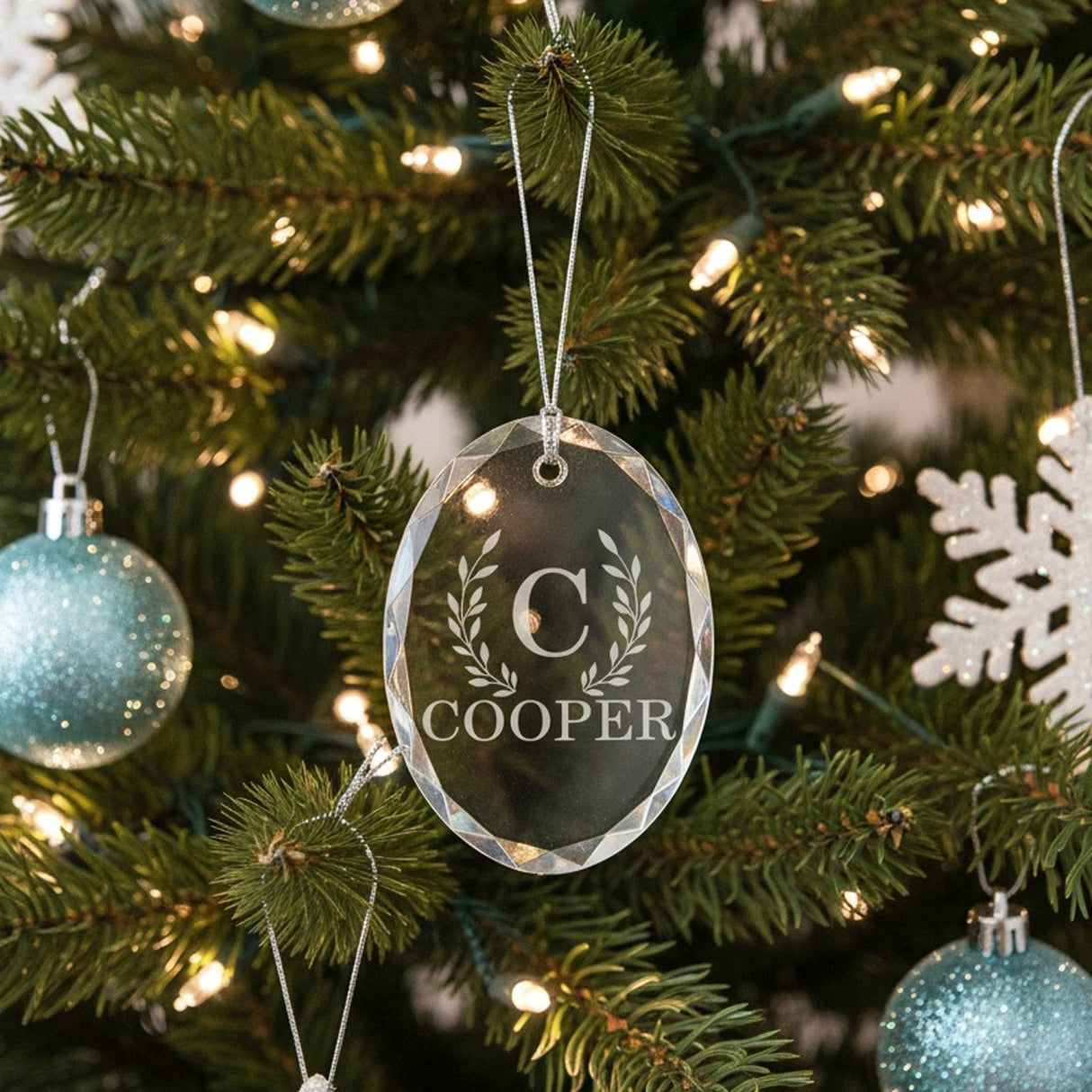 Wreath Initial Last Name Personalized Crystal Ornament for Christmas with Gift Box, Variety of Shapes - Gifts Are Blue