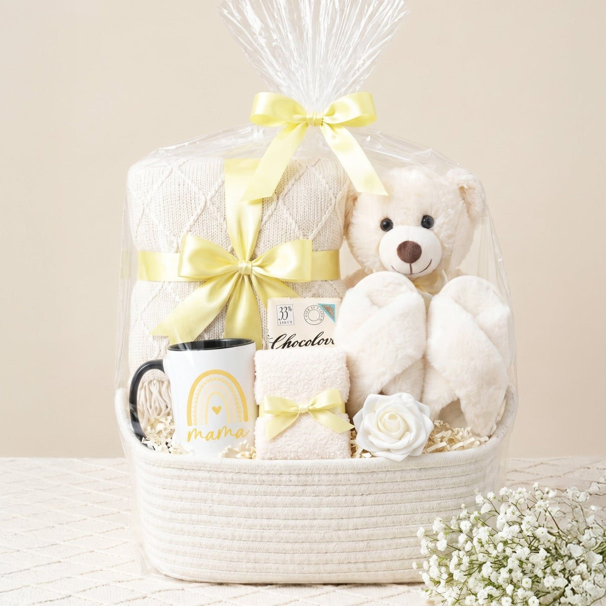 The Snuggle Set Mom Gift Basket with Blanket, Fluffy Slippers, & Teddy Bear - Gifts Are Blue