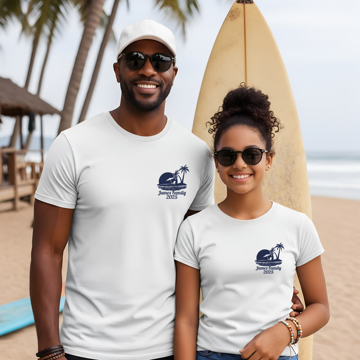 Matching beach shirts for couples custom designed with names, ideal for honeymoons and anniversary trips.