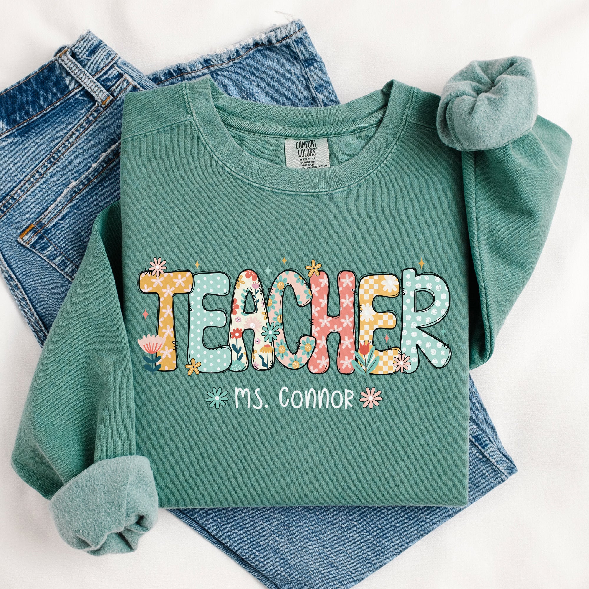 Personalized floral teacher sweatshirt with name, Comfort Colors custom crewneck gift for teacher.