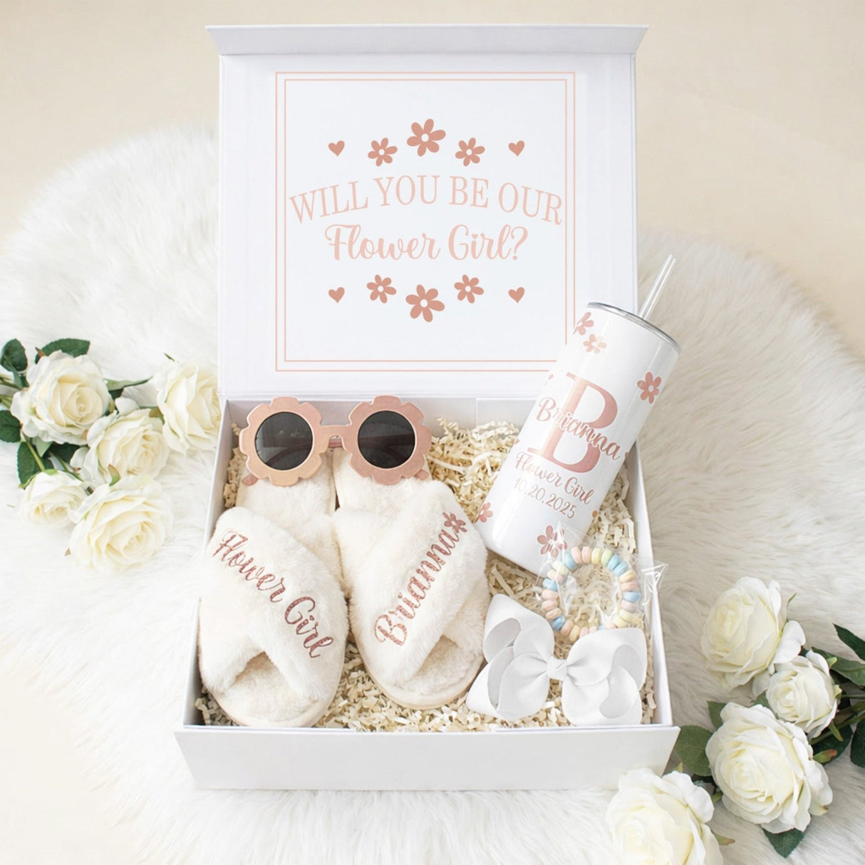 Sweet Pea Flower Girl Proposal Box with Fluffy Slippers & Tumbler - Gifts Are Blue