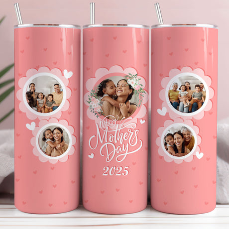 Custom heart photo tumbler for mom with pink background, personalized Mother’s Day gift with pictures.