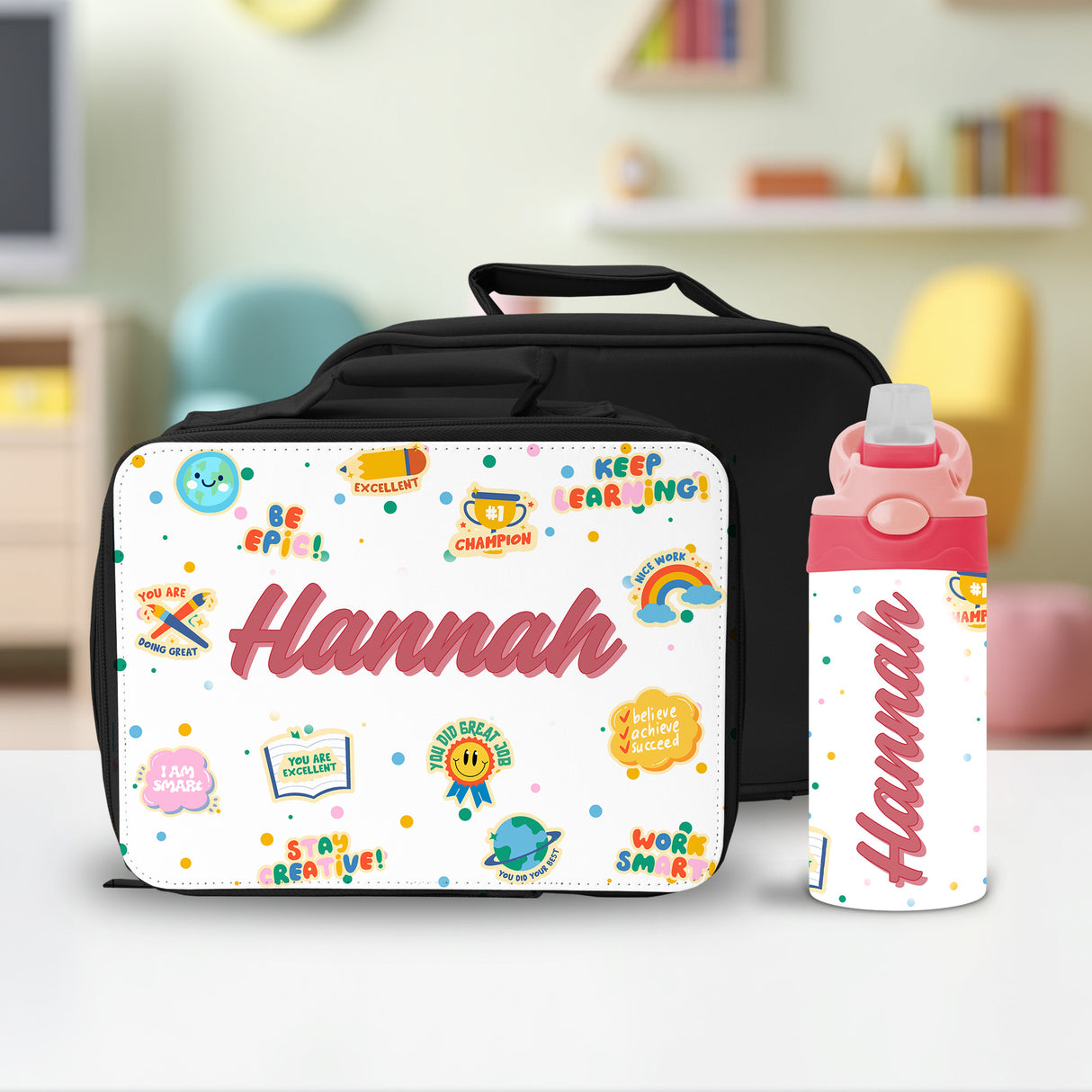This personalized affirmation lunch box and water bottle set for kids features uplifting messages and your child’s name for daily encouragement.