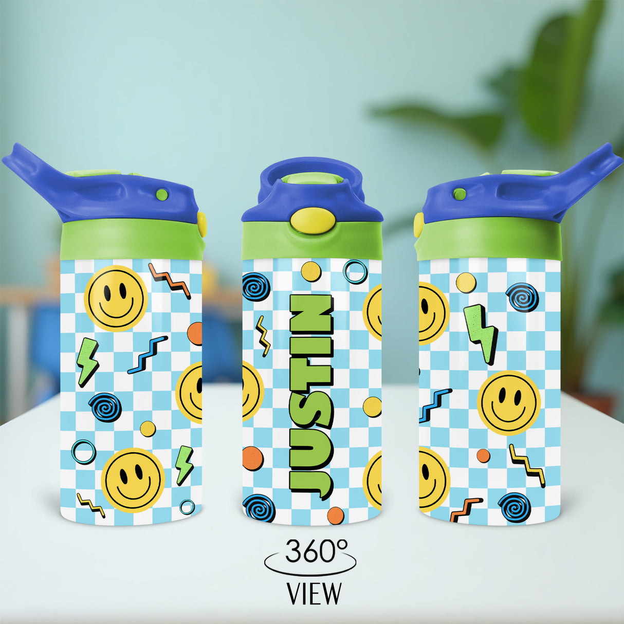 Blue personalized back to school gift for kids with custom name lunch box and water bottle set.