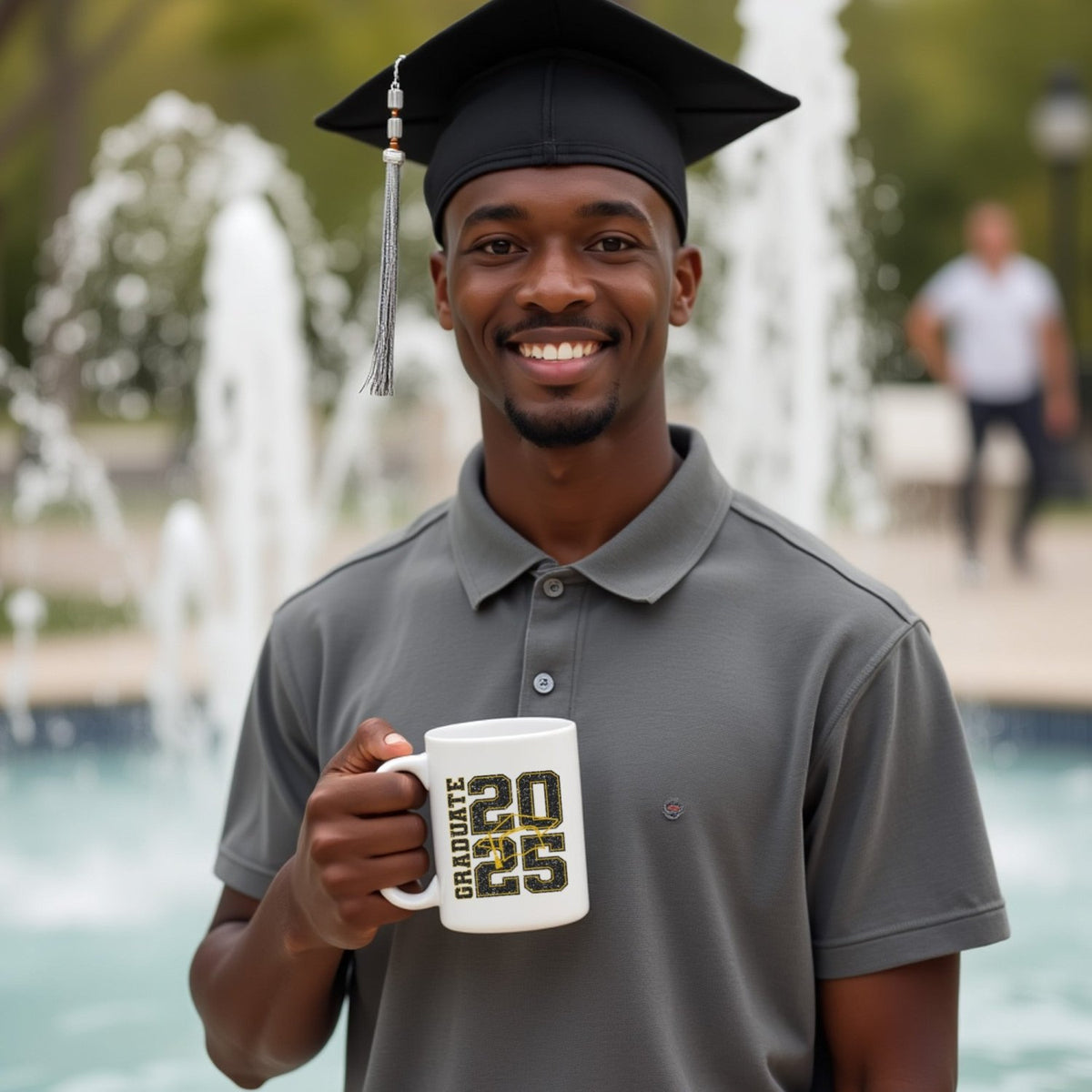 Guy holding cute graduation mug, for the perfect graduation gift. Gold cap design on mug for men.