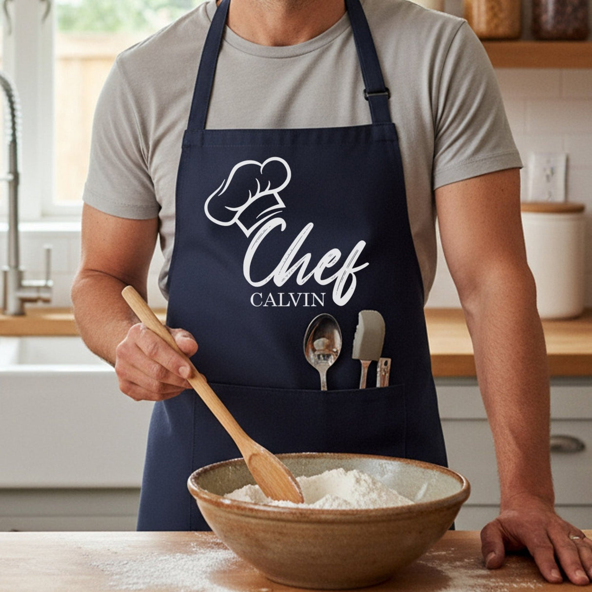 Chef Hat w Name Personalized Apron w Pocket, Custom Gifts for Dad and Grandpa - Gifts Are Blue