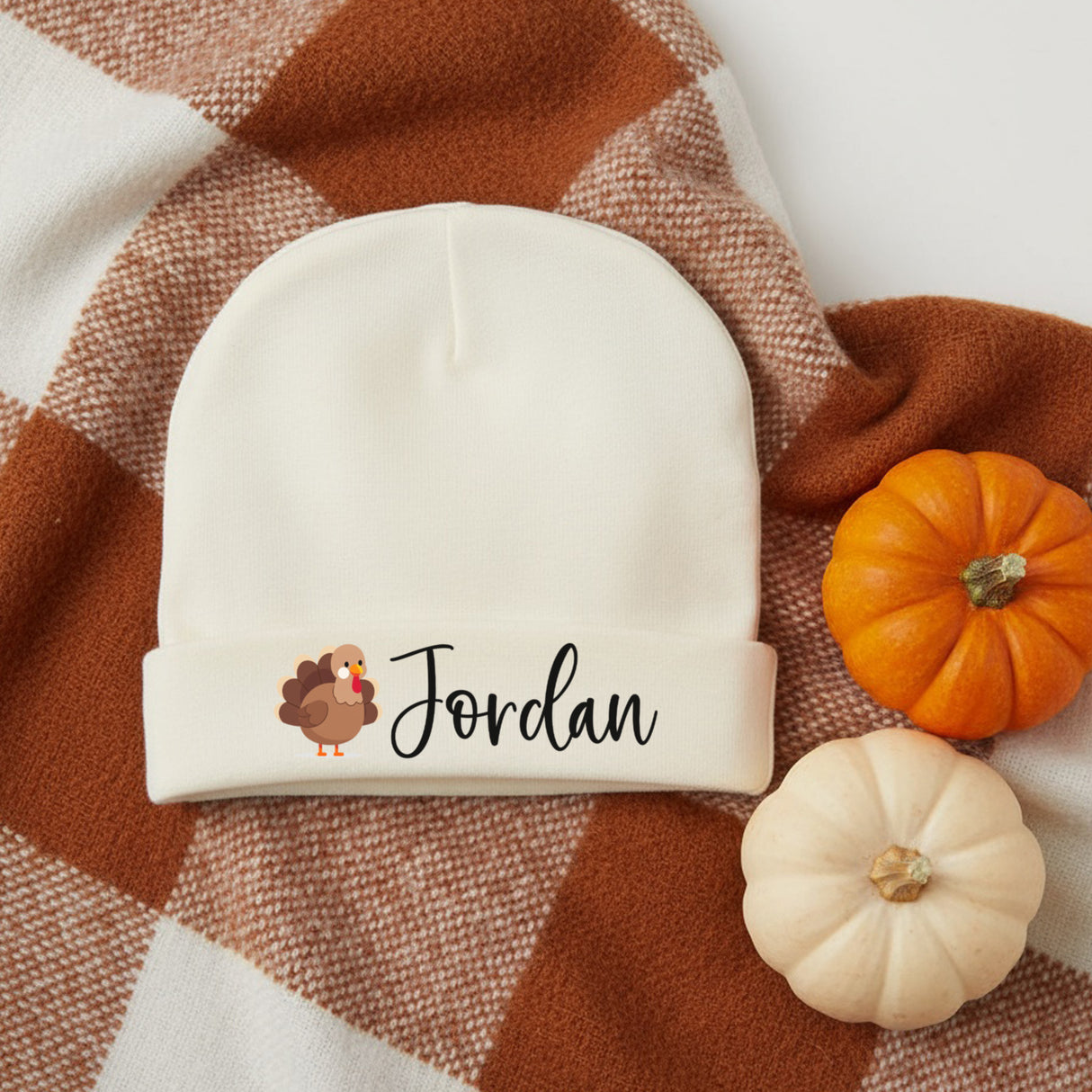 Cartoon Turkey Personalized Baby Beanie with Name for Thanksgiving, Infants 0M-6M