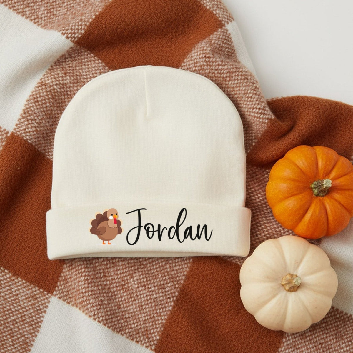Cartoon Turkey Personalized Baby Beanie with Name for Thanksgiving, Infants 0M-6M - Gifts Are Blue