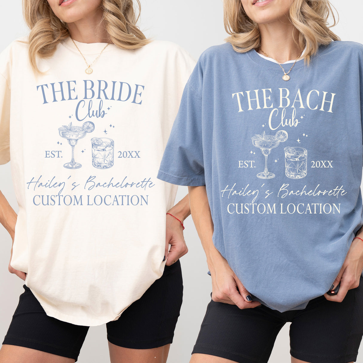 Bride and bridesmaids wearing personalized Comfort Colors bachelorette shirts with bride's name, and destination during bachelorette party.