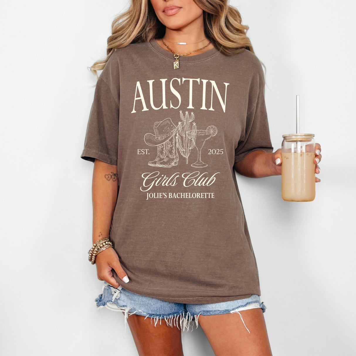 Personalized western bachelorette party shirts with cowboy boots and hats for Austin girls trip. Austin bachelorette party gift ideas.