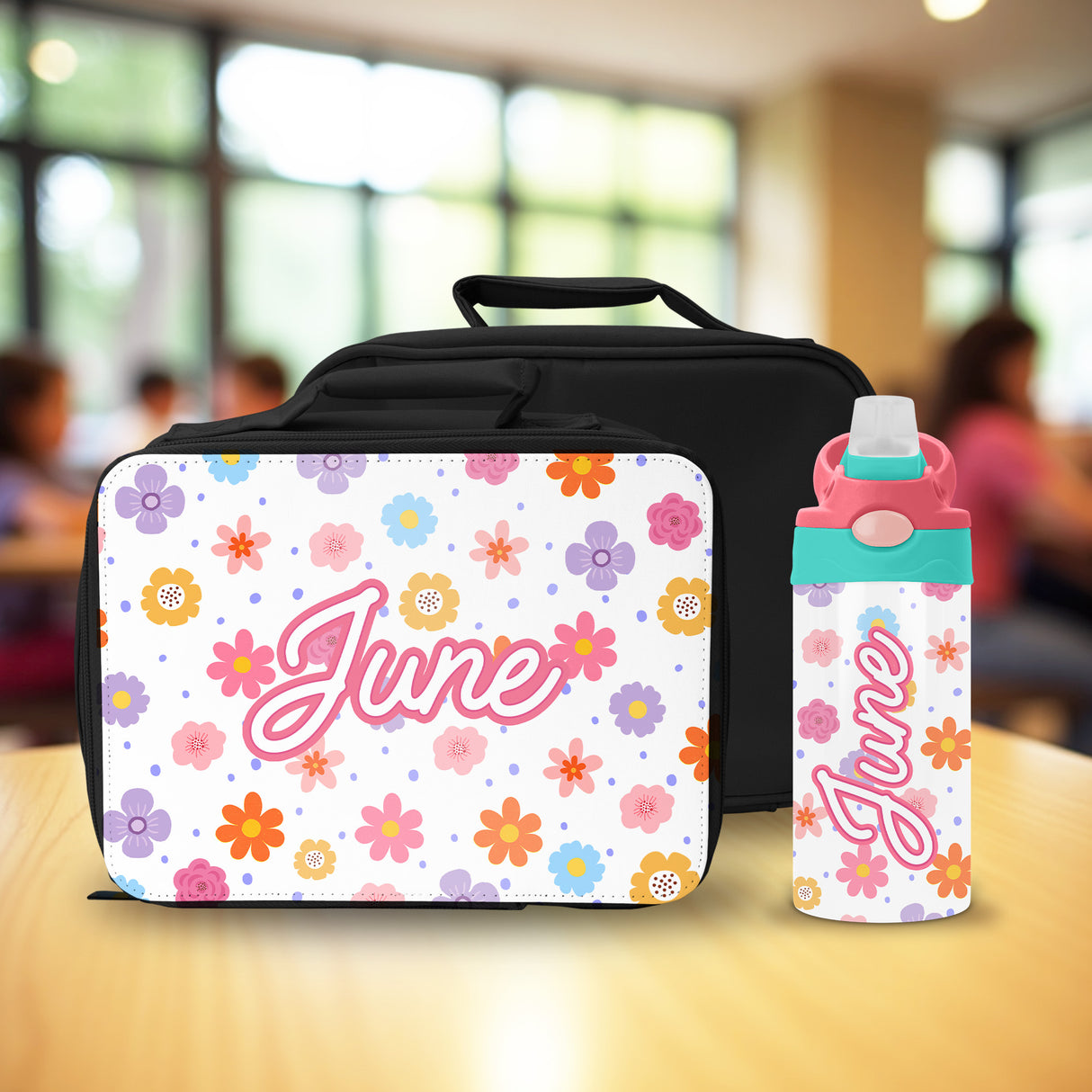 Girls lunch box and water bottle set personalized for preschool daycare or elementary school.