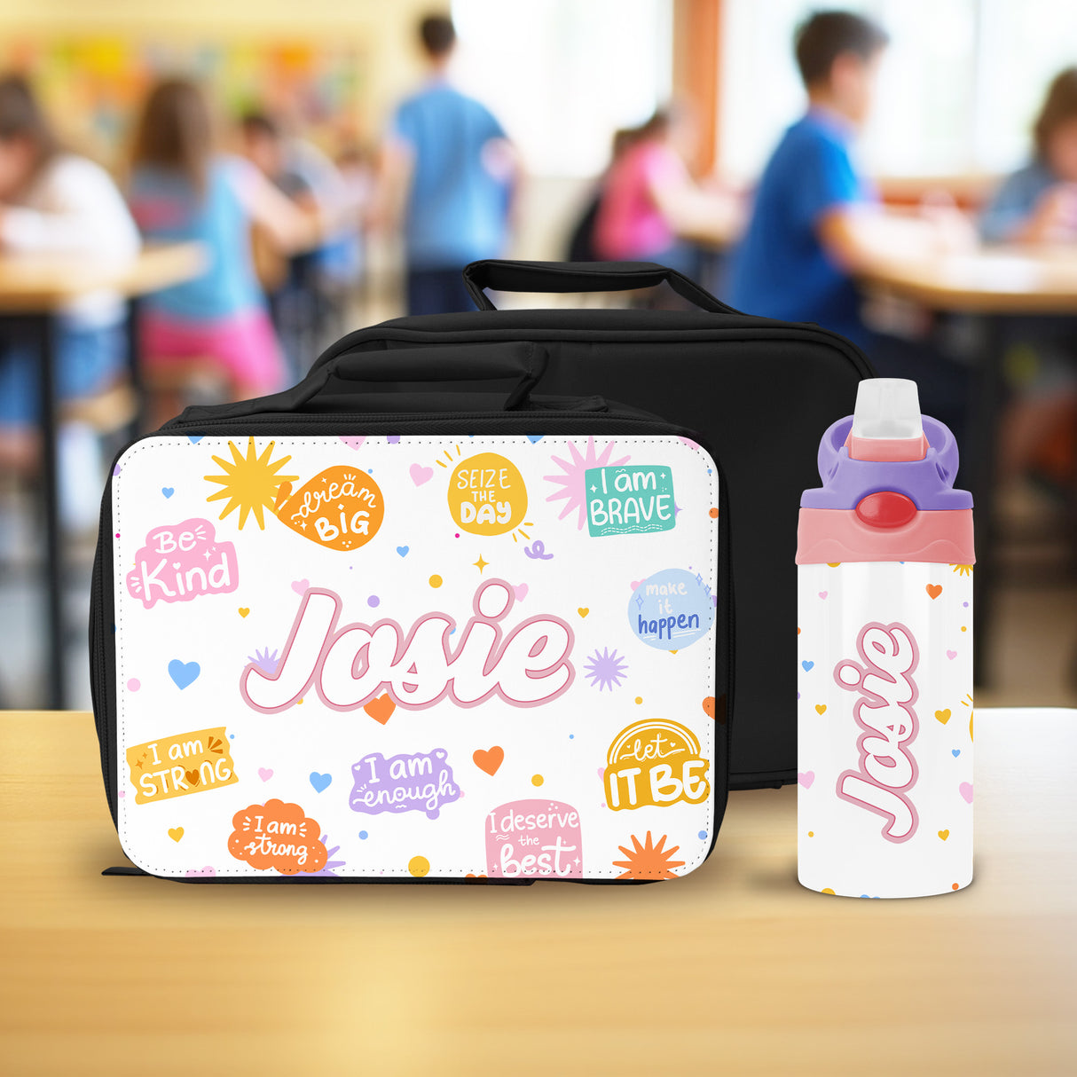 Durable and insulated lunch box with a personalized water bottle makes school lunches easy and stylish for girls.