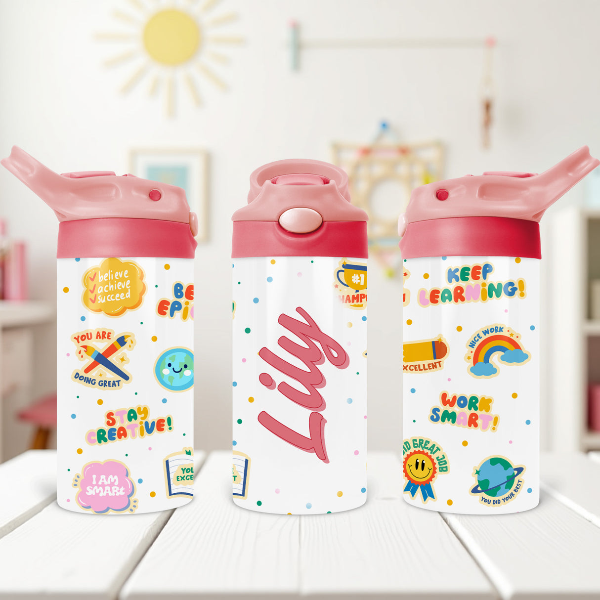 Flip top personalized water bottle for kids featuring inspiring affirmations and customizable names for birthdays and school events.