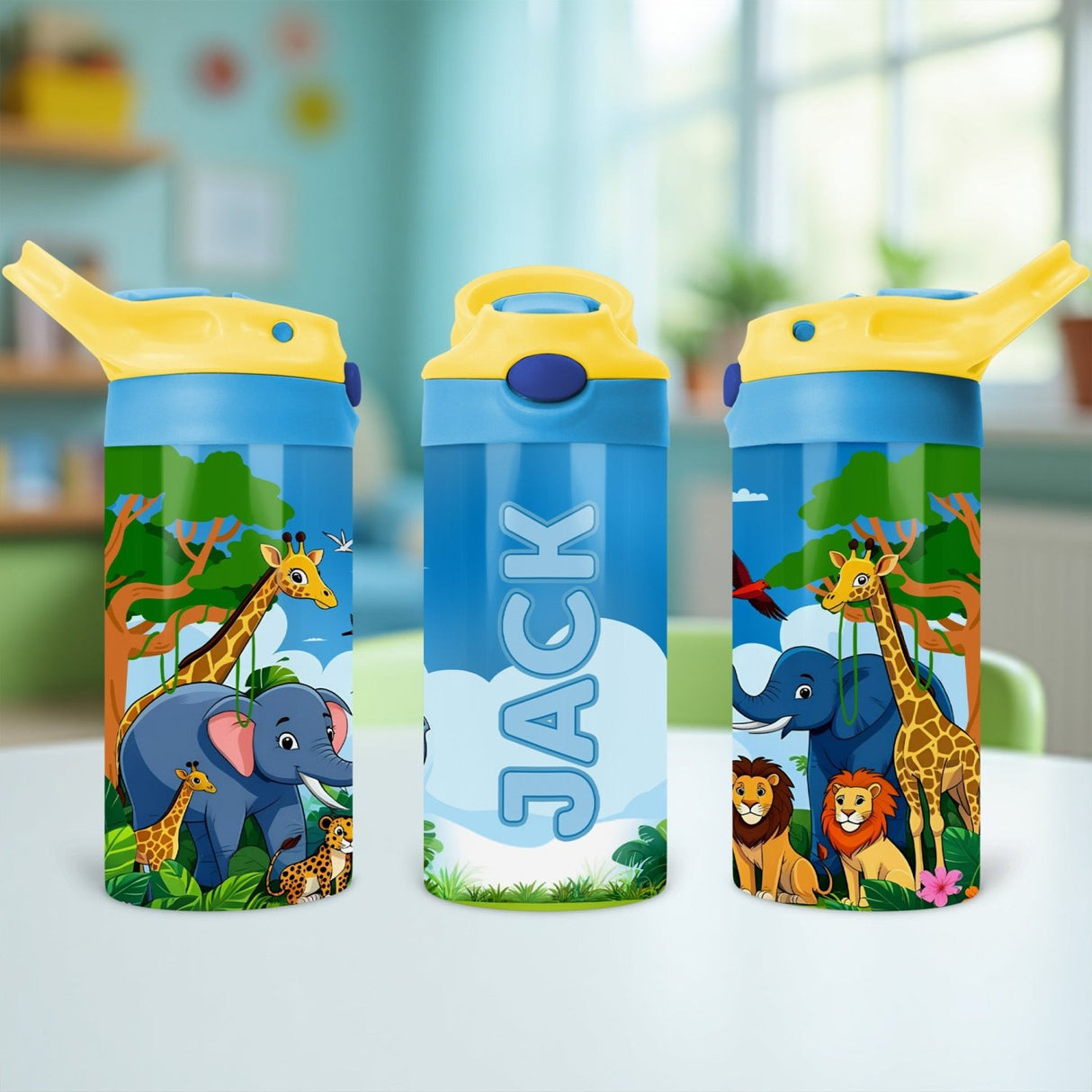 Personalized Safari Water Bottle for Kids with custom name and zoo animals, ideal for back to school or birthday gifts.
