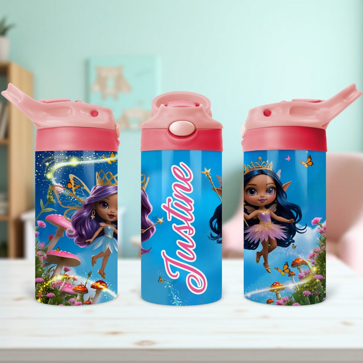 Personalized fairy name water bottle for girls features a durable design perfect for back to school gifts.