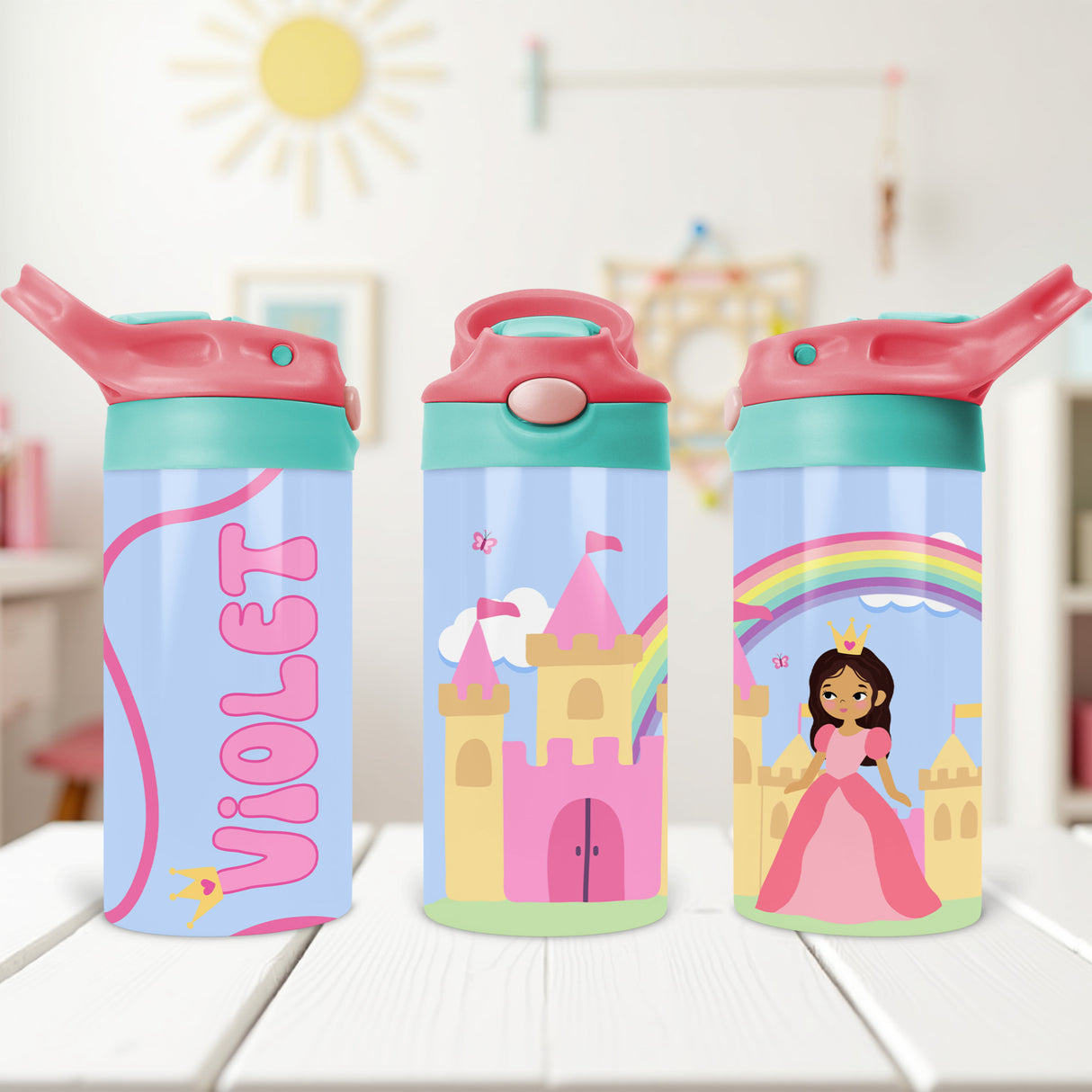 Back to school custom princess water bottle with name personalization and flip top lid made for backpacks and lunch boxes.