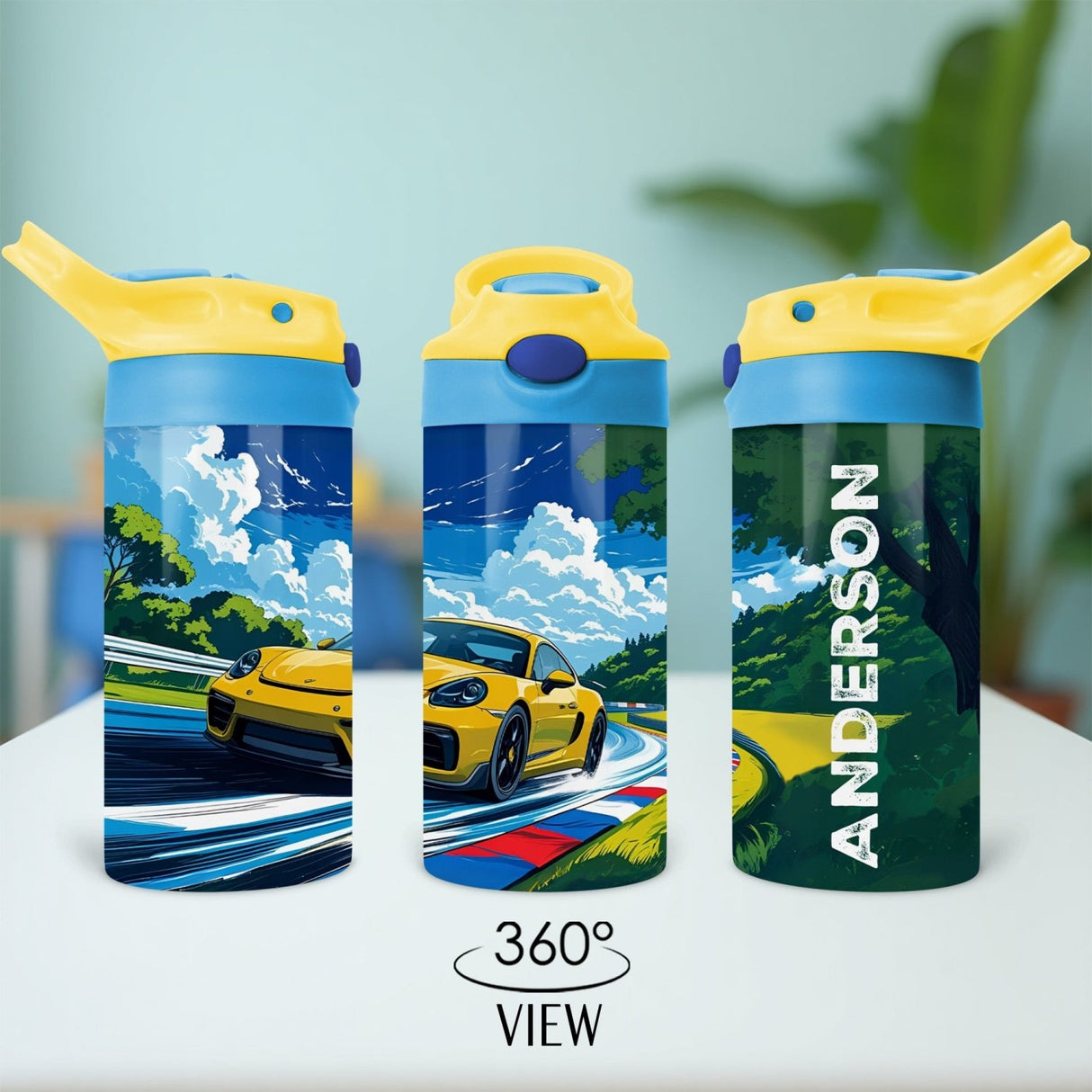 Personalized Back to School Water Bottle featuring race car design and child’s name, great for school lunches and birthday gifts.