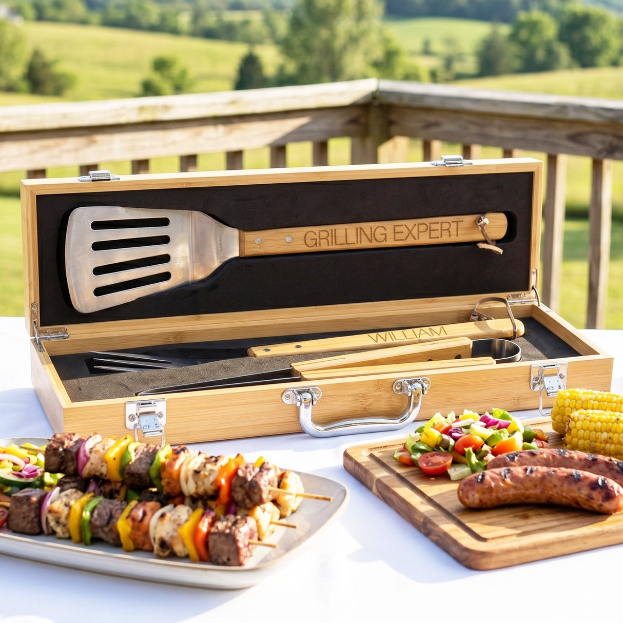The Grill Master BBQ Tool Set with Engraved Case - 3 Pc Bamboo Kit - Gifts Are Blue