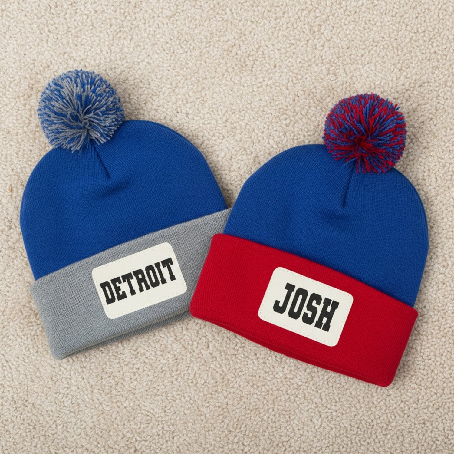 Cuffed Pompom Football and College Beanie w Custom Text, Personalized Gifts for Him and Her - Gifts Are Blue