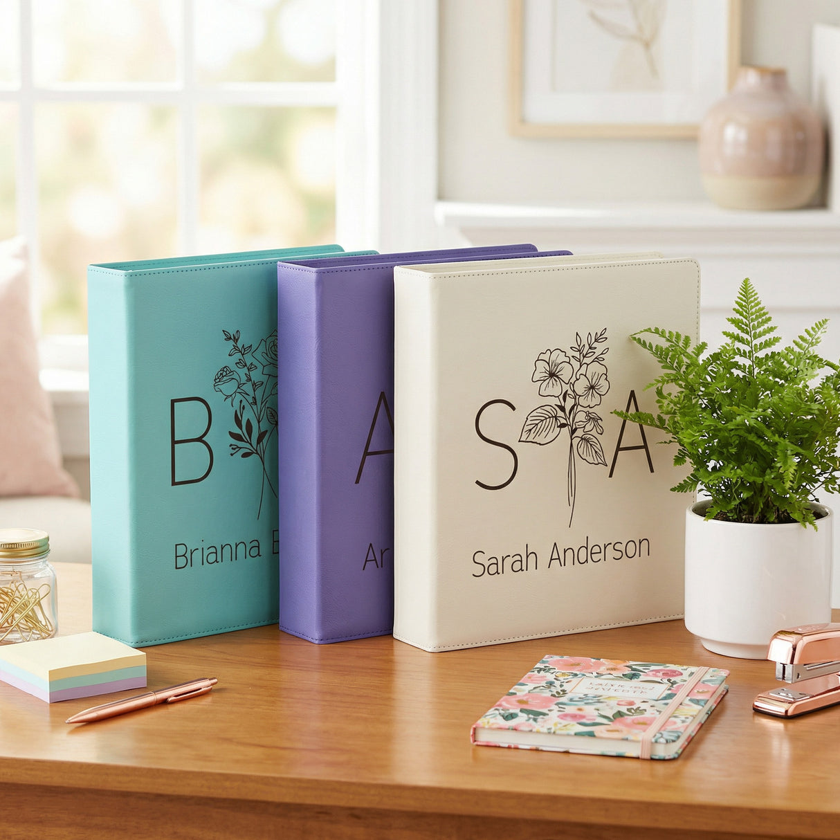 Split Initials w Name Birth Flower Personalized Binder for Her, Faux Leather