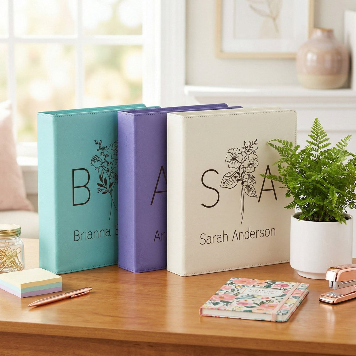 Split Initials w Name Birth Flower Personalized Binder for Her, Faux Leather - Gifts Are Blue