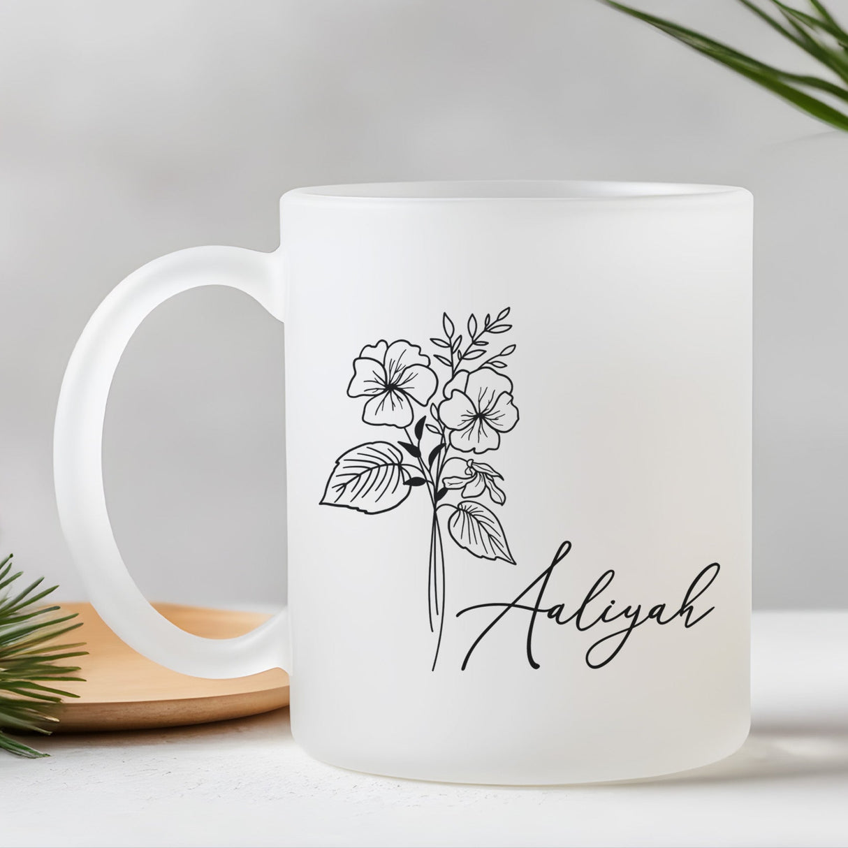 Personalized bridal party mug, custom birth flower frosted iced coffee glass for bridesmaids with name and birth month.