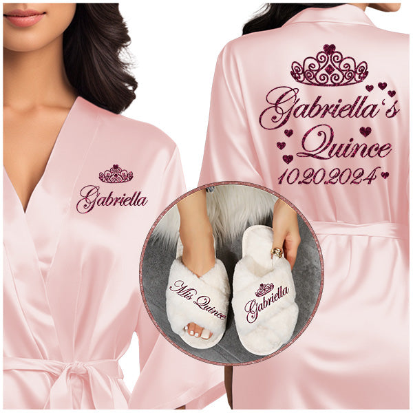 Pretty Personalized Mis Quince Robe and Slipper Set Custom with Name and Date