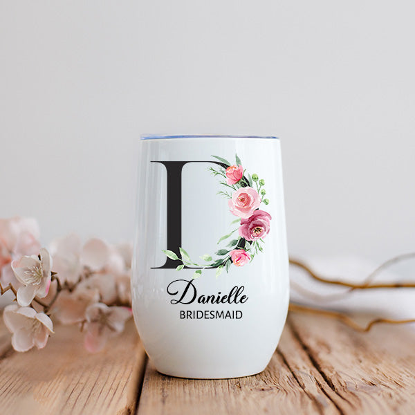Personalized Floral Wine Tumbler with Custom Initials Name & Date