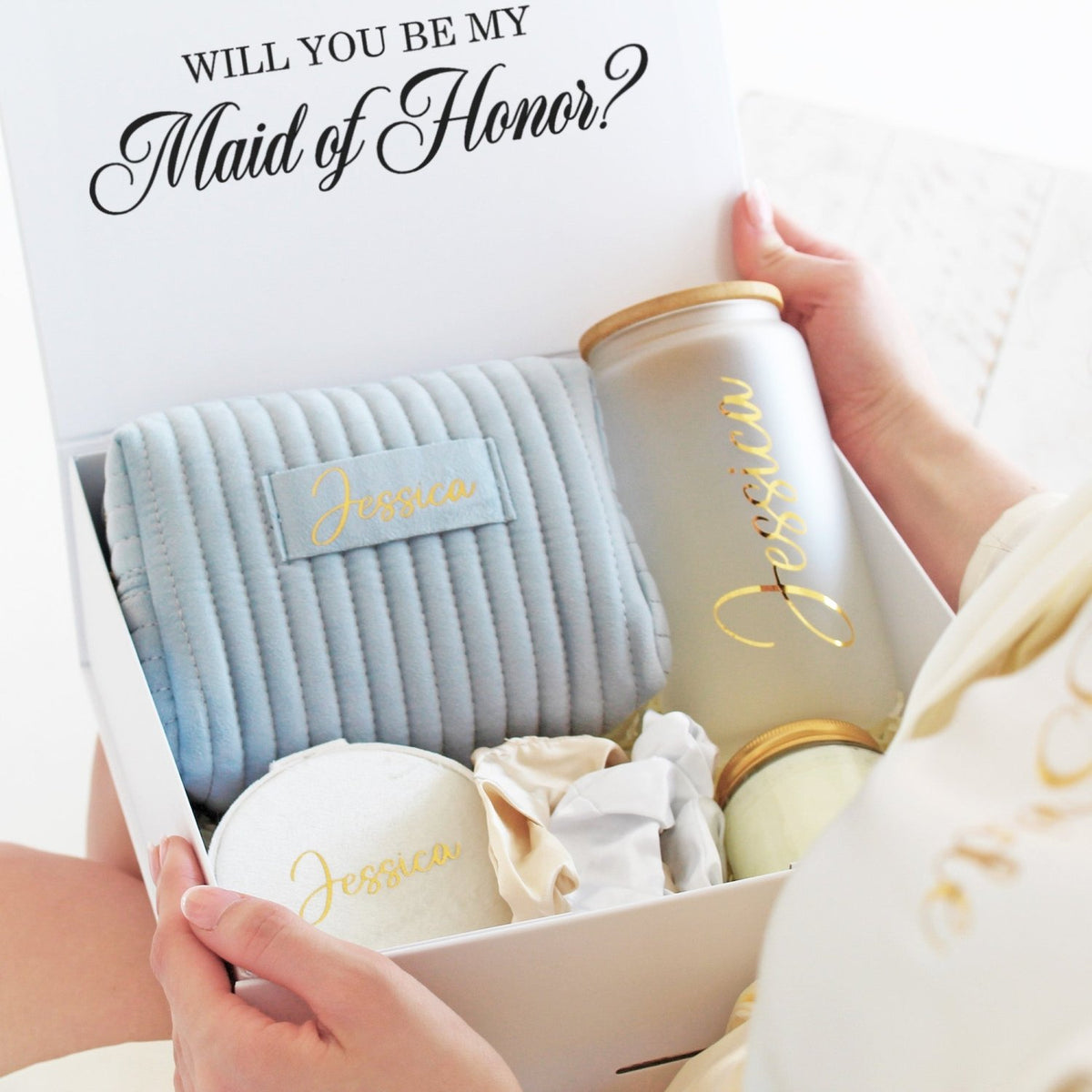 Personalized Bridesmaid Proposal Box - Daisy Bundle Gift Set for Women - Gifts Are Blue
