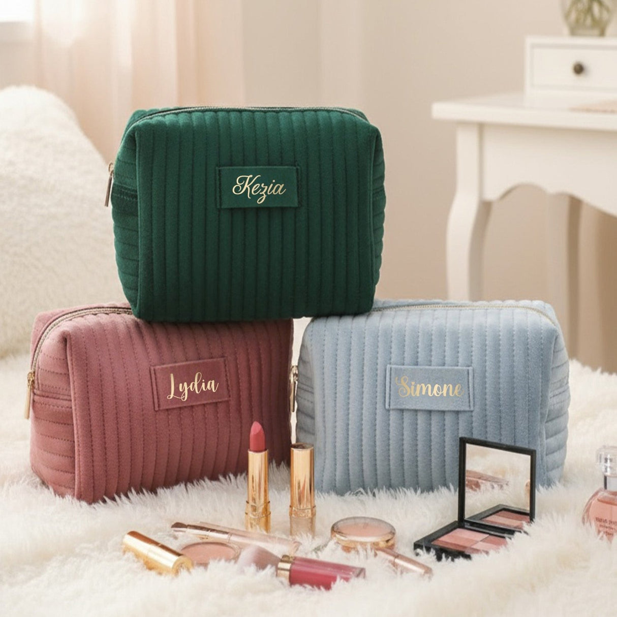 Personalized Velvet Makeup Bag with Name, Custom Gift for Teen Girls - Gifts Are Blue